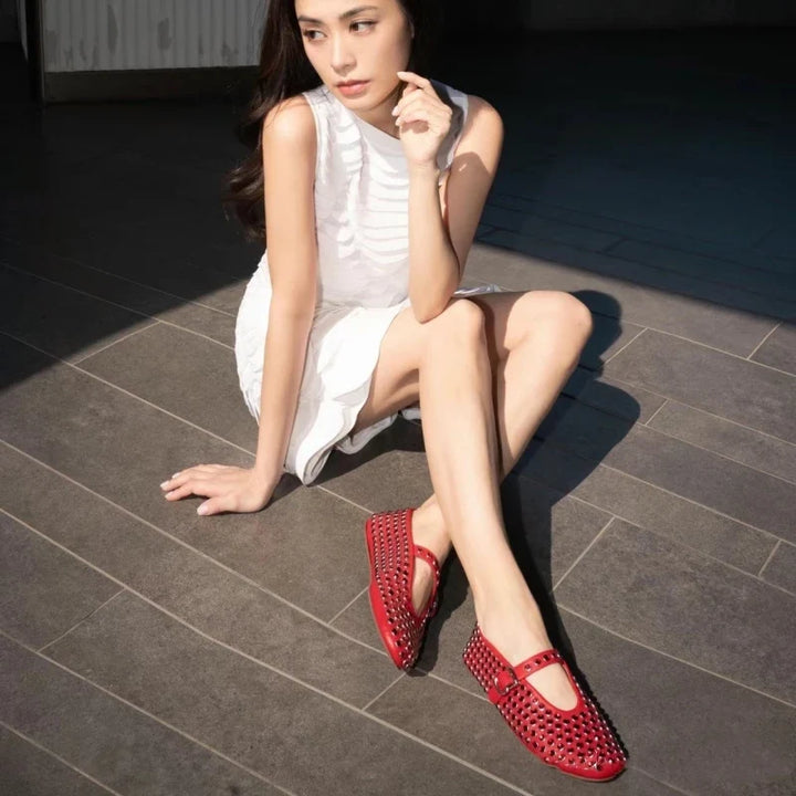 Mary Jane Flats with Crystal-Studded Leather Upper and Adjustable Ankle Strap