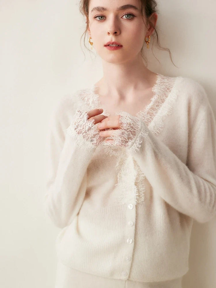 Cashmere Cardigan with Lace-Trim Detail and Relaxed Knit Fit in Khaki