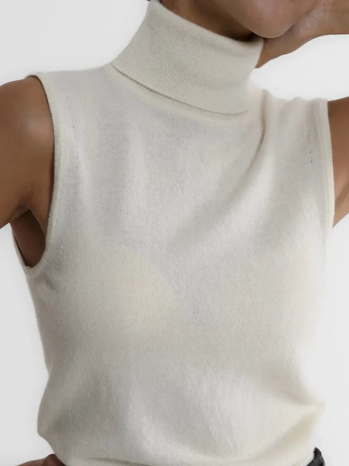 High-Neck Sweater Vest in Soft Wool-Cashmere Blend, Sleeveless Sculpted Fit with Structured Tall Neckline