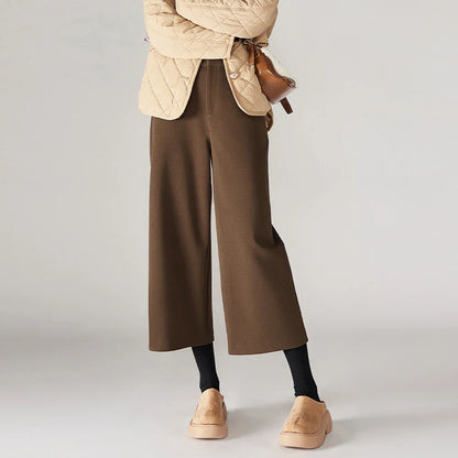 Wide Leg Wool Blend Pants with High-Waist Elastic Design and Ankle-Length Fit