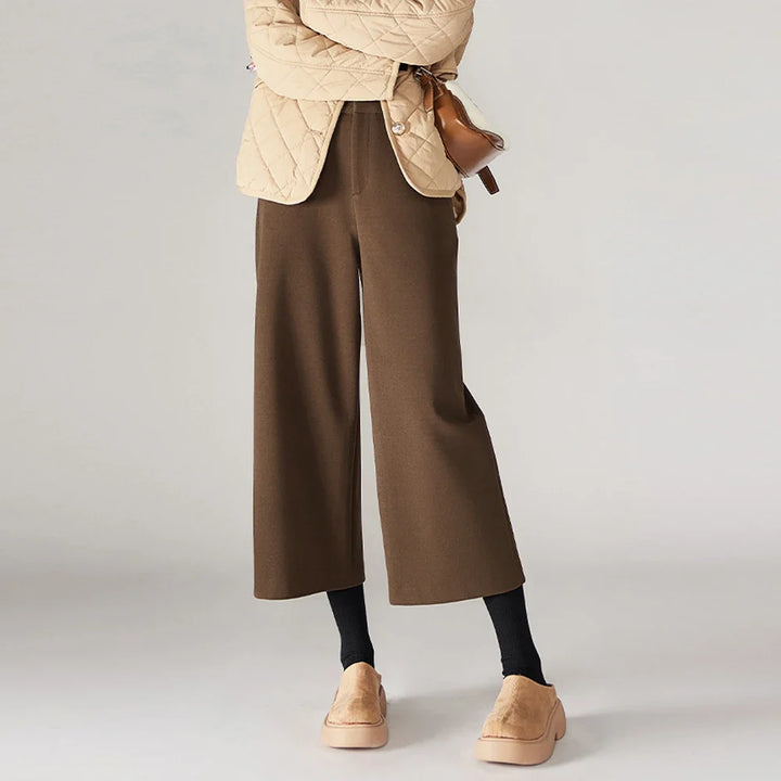 Wide Leg Wool Blend Pants with High-Waist Elastic Design and Ankle-Length Fit