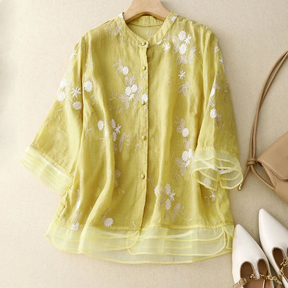 Cotton Blouse with Sheer Double Cuffs and Botanical Embroidery, Flowing Vintage-Inspired Fit