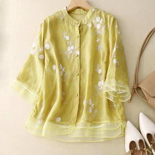 Cotton Blouse with Sheer Double Cuffs and Botanical Embroidery, Flowing Vintage-Inspired Fit