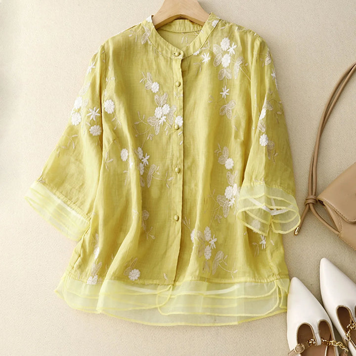 Cotton Blouse with Sheer Double Cuffs and Botanical Embroidery, Flowing Vintage-Inspired Fit