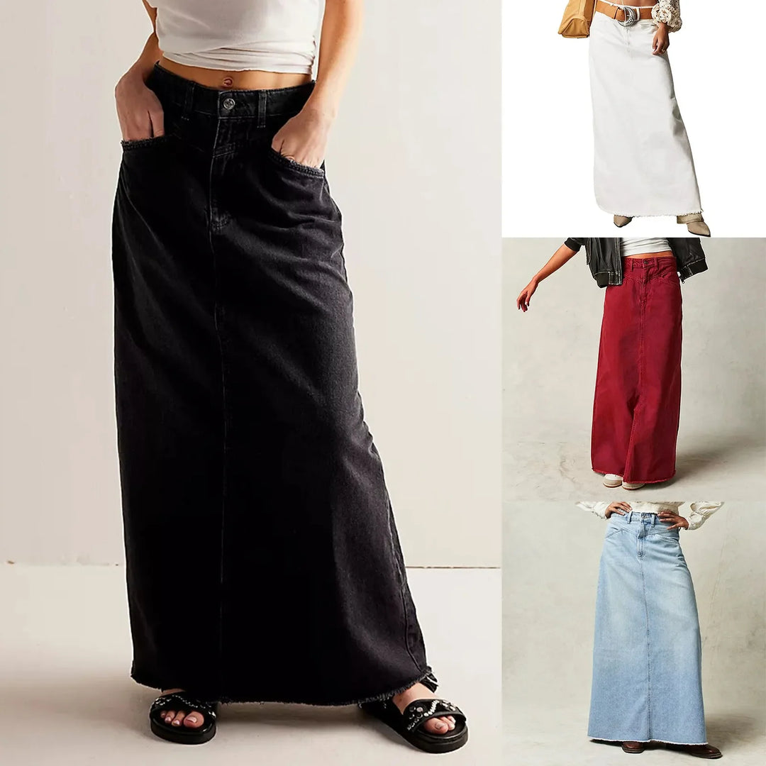 Vintage A-Line Denim Skirt with Stretch Cotton Blend and Dropped Waist