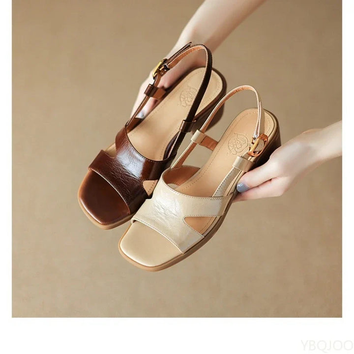 Leather Slingback Flats with Square Toe and Buckled Strap, Women's Elizabeth