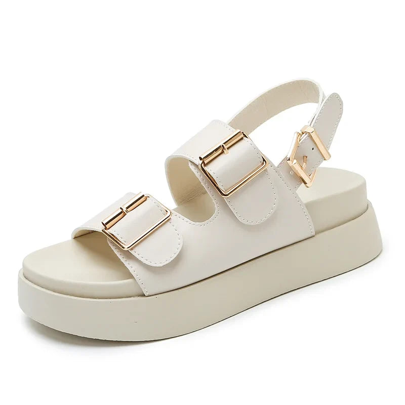 Platform Sandal in Ivory Vegan Leather with Double Buckle Straps and Built-In Supportive Insole