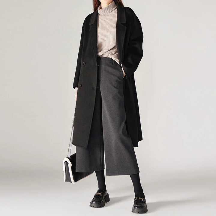 Wide Leg Wool Blend Pants with High-Waist Elastic Design and Ankle-Length Fit