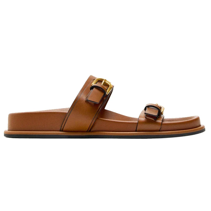 Slide Sandals in Smooth Leather with Adjustable Double Buckle Straps and Flexible Sole