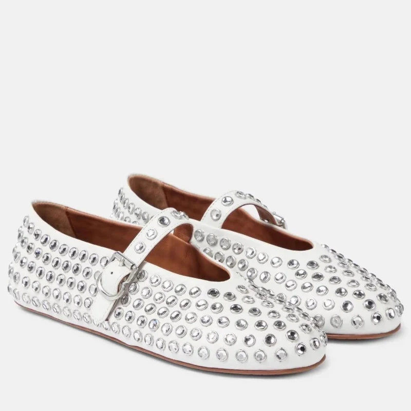 Mary Jane Flats with Crystal-Studded Leather Upper and Adjustable Ankle Strap