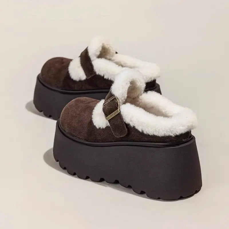 Suede Platform Clogs with Shearling Lining, Adjustable Buckle Strap and Cushioned Sole