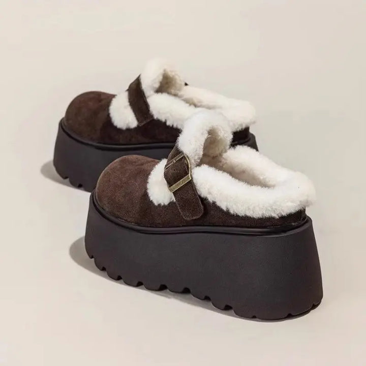Suede Platform Clogs with Shearling Lining, Adjustable Buckle Strap and Cushioned Sole