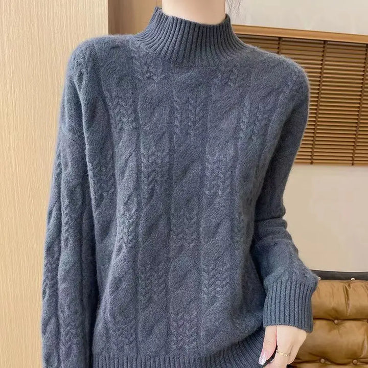 Cable Knit Sweater with Cashmere Blend Yarn and Half-High Collar in Fire Orange