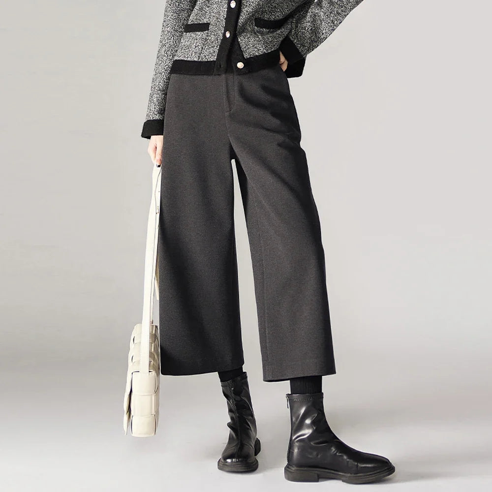 Wide Leg Wool Blend Pants with High-Waist Elastic Design and Ankle-Length Fit