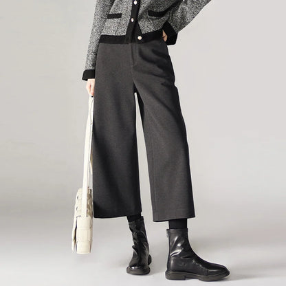Wide Leg Wool Blend Pants with High-Waist Elastic Design and Ankle-Length Fit