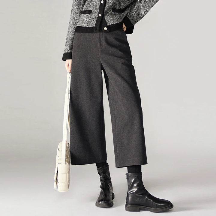 Wide Leg Wool Blend Pants with High-Waist Elastic Design and Ankle-Length Fit