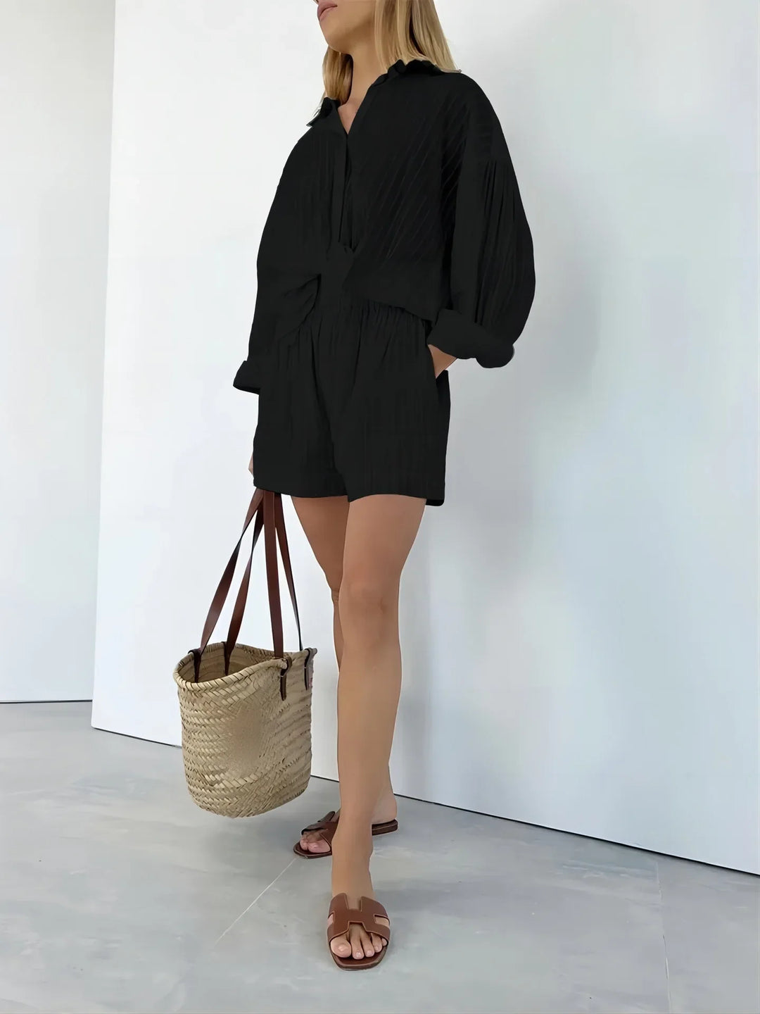 Button-Down Shirt and Shorts Set with Relaxed Oversized Fit in Lightweight Cotton-Blend Fabric