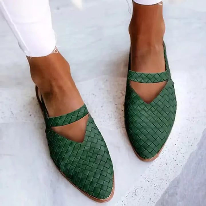 Woven Slingback Flats with Pointed Toe, Adjustable Ankle Strap and Low-Profile Sole, Brown