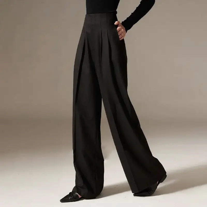 Wide Leg Draped Pants in Soft 100% Cotton with High-Waisted Elastic Fit and Tailored Silhouette