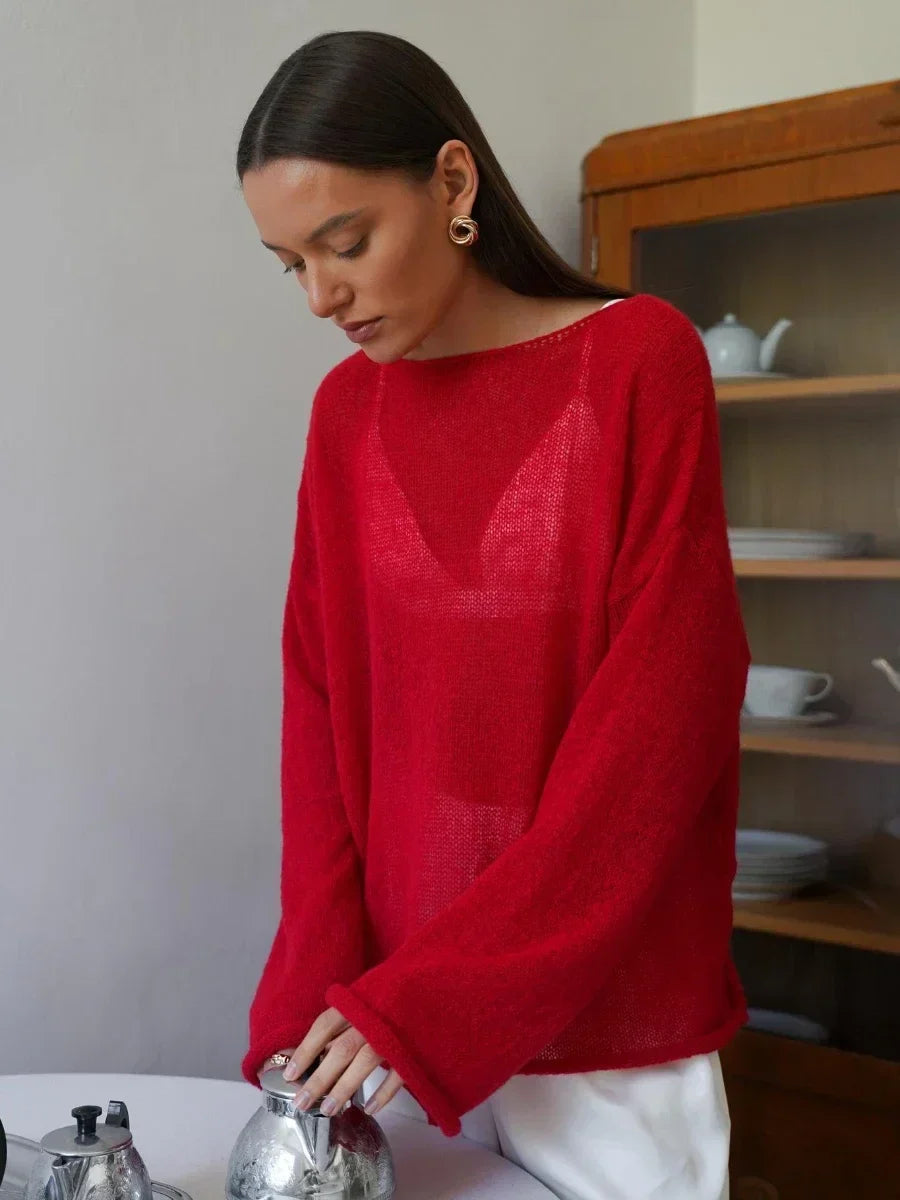 Boatneck Sweater in Merino Wool Blend with Relaxed Fit and Long Sleeves