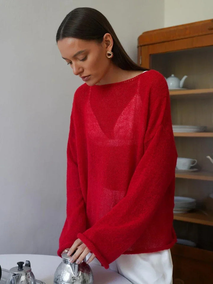 Boatneck Sweater in Merino Wool Blend with Relaxed Fit and Long Sleeves