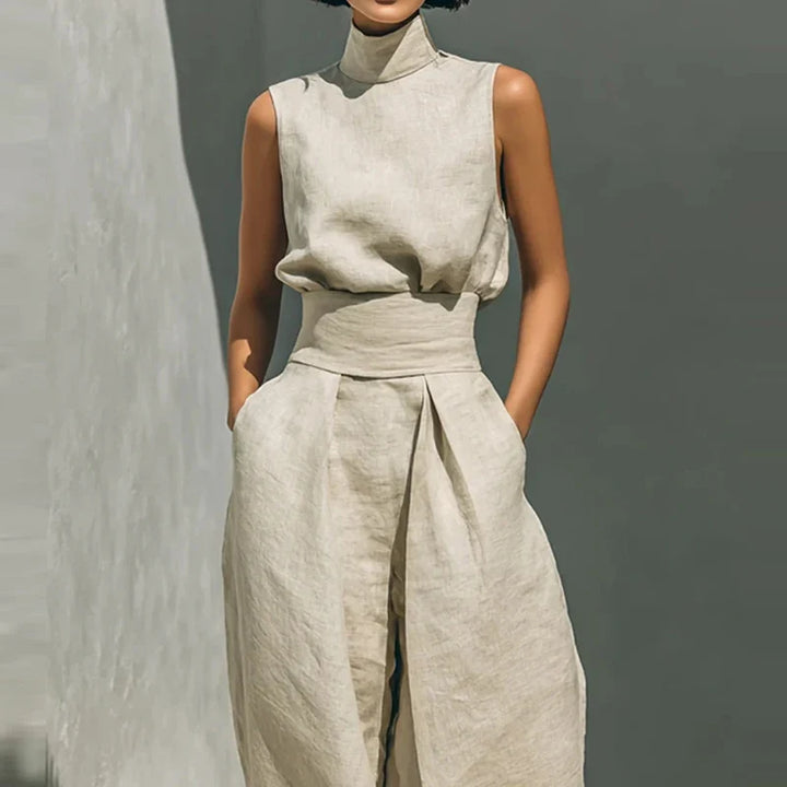 Linen-Cotton Blend Two-Piece Set with Wide-Leg Pants and Mock Turtleneck, High-Rise Relaxed Fit