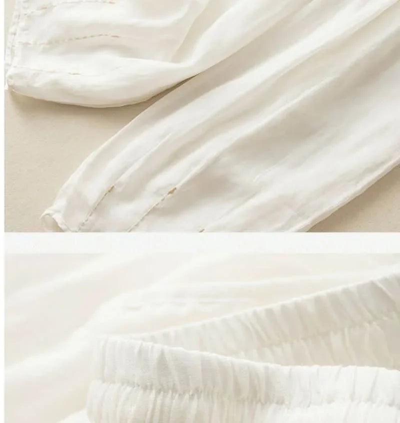 Linen Pants with Elastic Drawstring Waist and Billowed Leg Silhouette in Khaki Cotton-Linen Blend