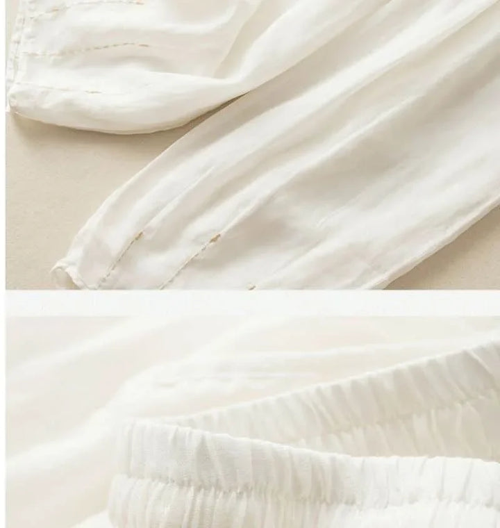 Linen Pants with Elastic Drawstring Waist and Billowed Leg Silhouette in Khaki Cotton-Linen Blend