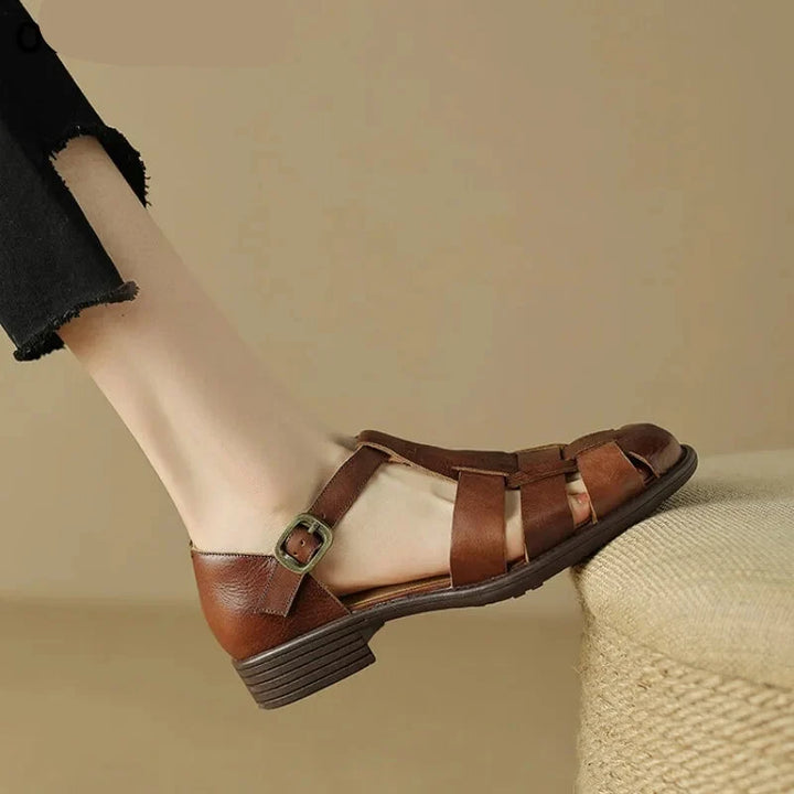 Handwoven Leather Sandals with Adjustable T-Strap Buckle and Low Stacked Heel
