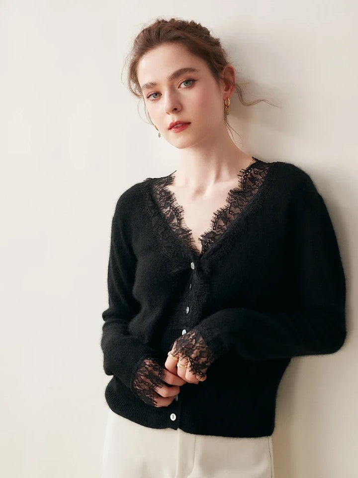 Cashmere Cardigan with Lace-Trim Detail and Relaxed Knit Fit in Khaki