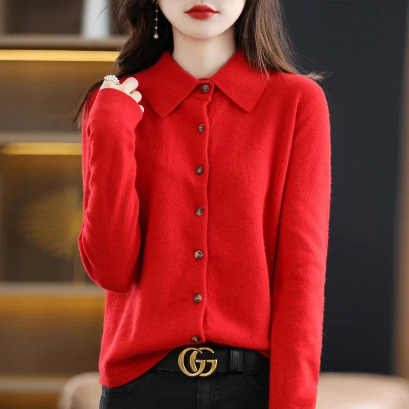 Polo Cardigan in Wool Blend with Structured Lapel and Button-Front Closure, Navy