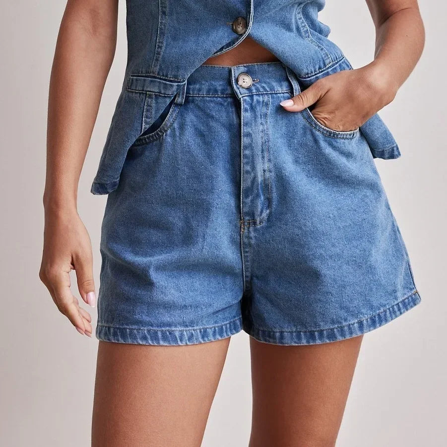 Denim Vest and Wide-Leg Shorts Set with Tortoise Buttons and High-Rise Cinched Waist