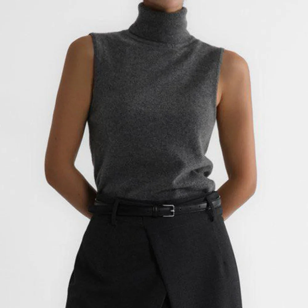 High-Neck Sweater Vest in Soft Wool-Cashmere Blend, Sleeveless Sculpted Fit with Structured Tall Neckline