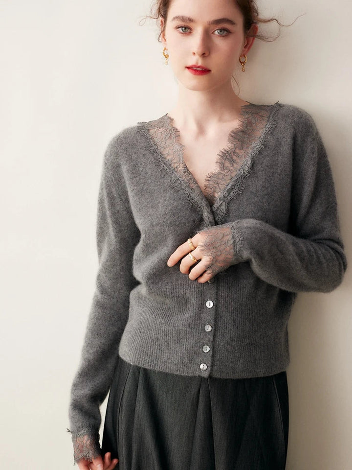 Cashmere Cardigan with Lace-Trim Detail and Relaxed Knit Fit in Khaki