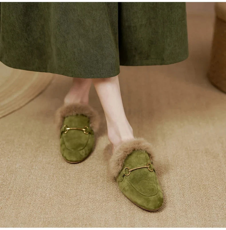Fur-Lined Suede Mule Slippers with Premium Lamb and Rabbit Fur Lining and Gold-Tone Hardware