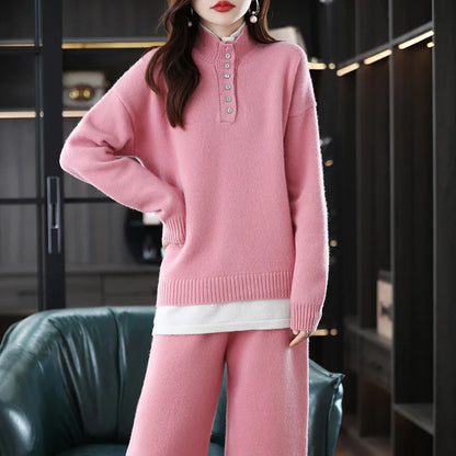 Cashmere Knit Set with Relaxed Pullover and Wide-Leg Trousers, Soft Green Two-Piece Loungewear