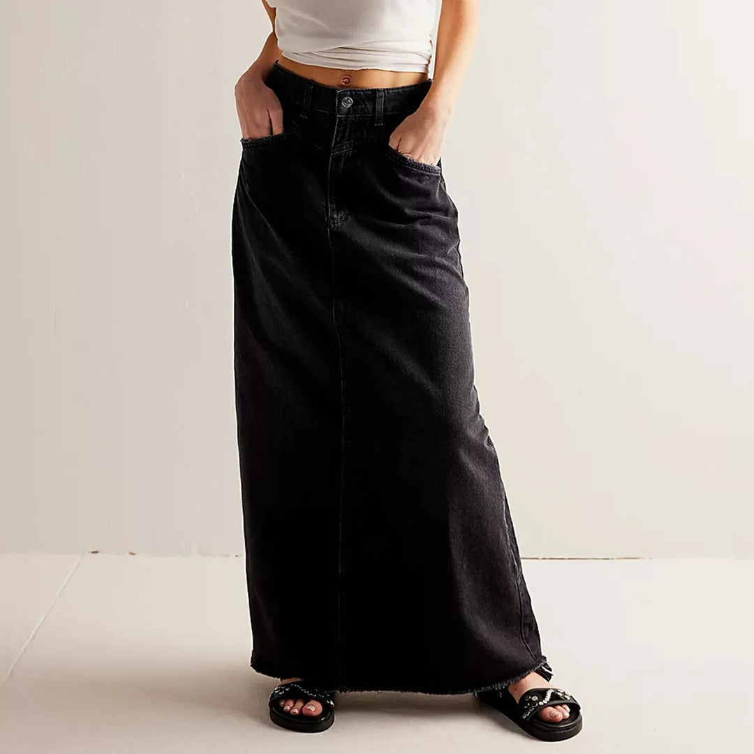 Vintage A-Line Denim Skirt with Stretch Cotton Blend and Dropped Waist