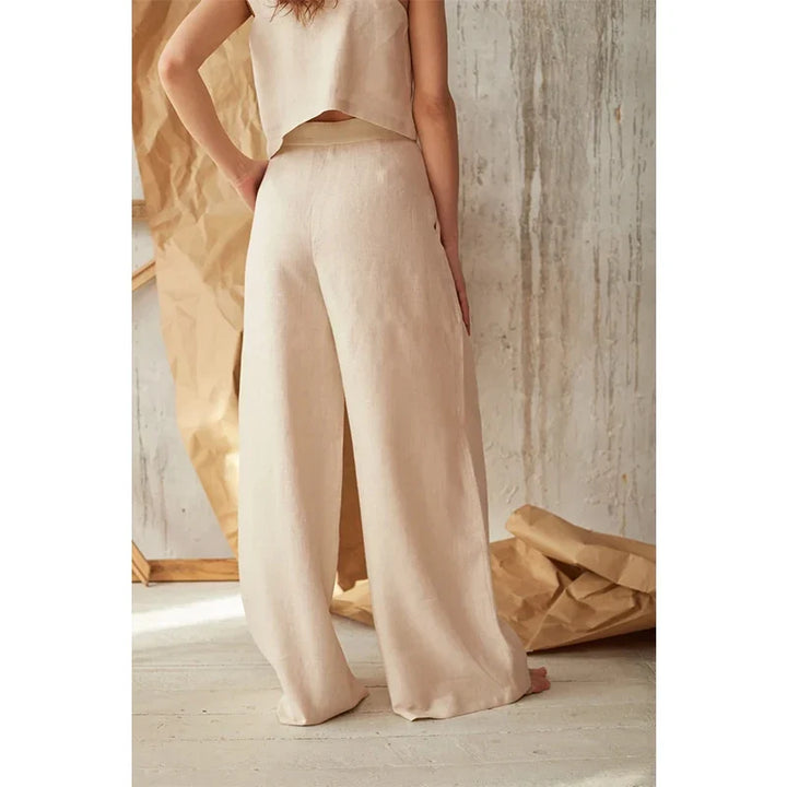Wide-Leg Pant in 100% Cotton with Hidden Elastic Waistband, Button-Fly Front, and Ankle-Length Cut