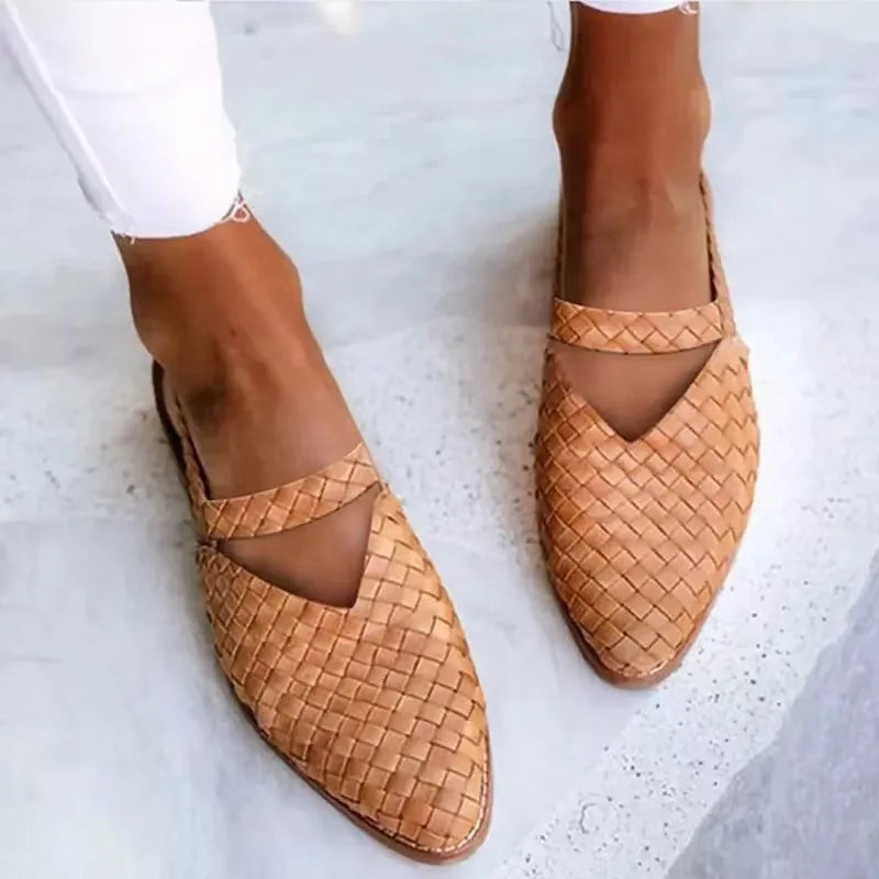 Woven Slingback Flats with Pointed Toe, Adjustable Ankle Strap and Low-Profile Sole, Brown