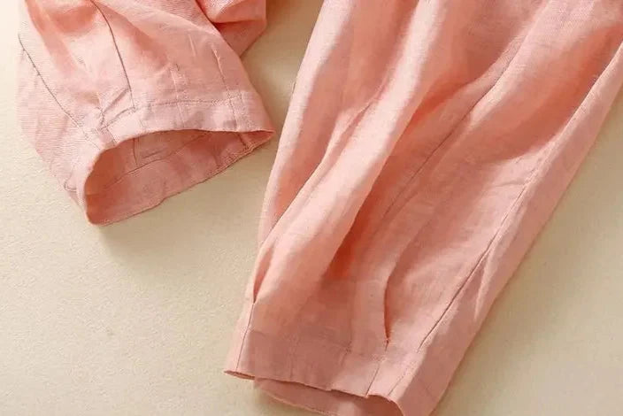 Linen Trousers in Soft Pink with High-Stretch Waist and Relaxed Tapered Fit