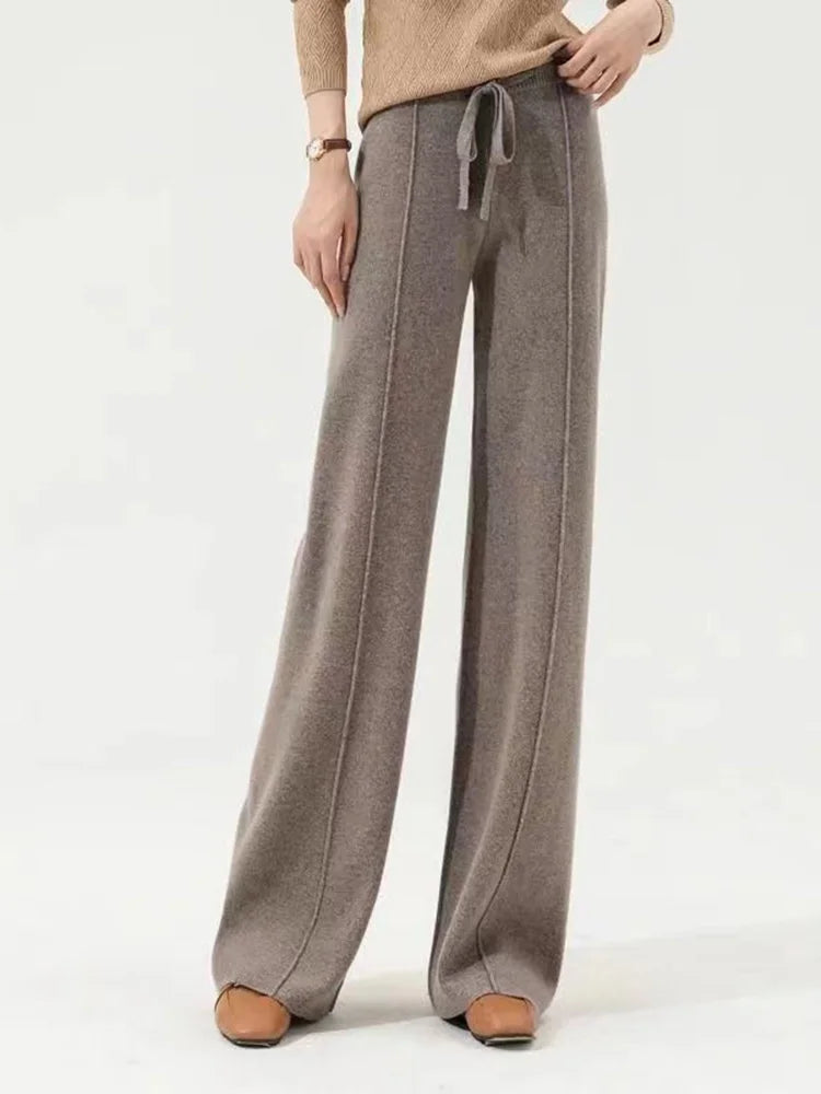 Wide-Leg Merino Wool Trousers with High-Waist Elastic Drawstring Waistband