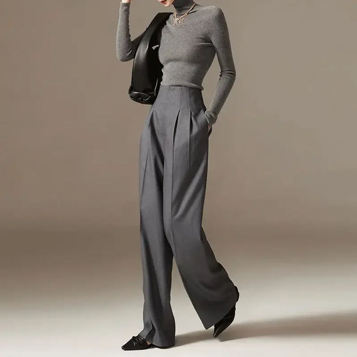 Wide Leg Draped Pants in Soft 100% Cotton with High-Waisted Elastic Fit and Tailored Silhouette