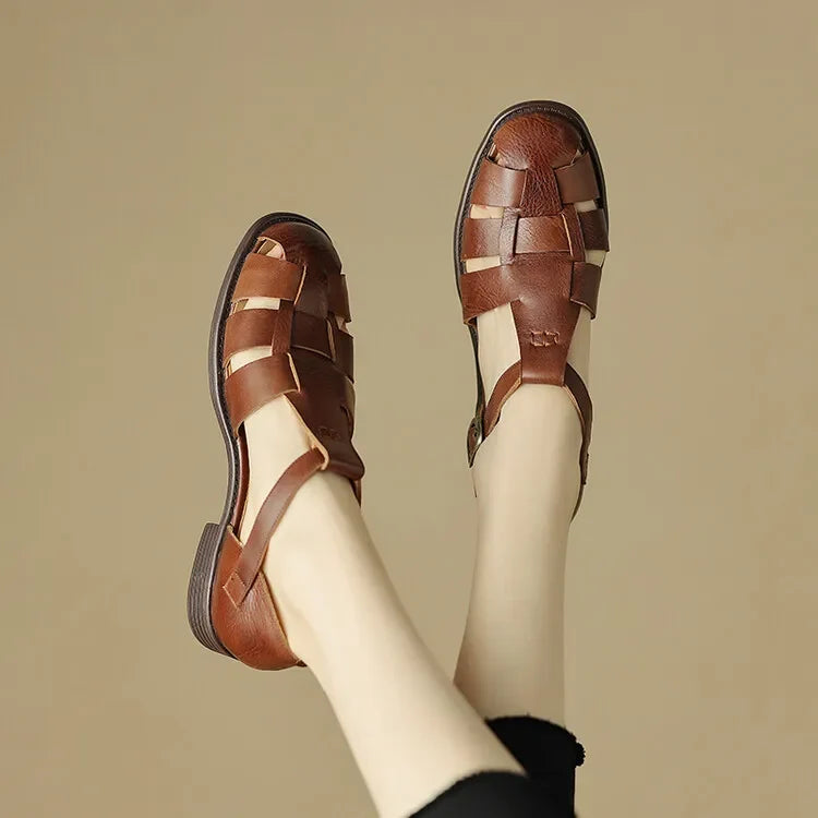 Handwoven Leather Sandals with Adjustable T-Strap Buckle and Low Stacked Heel