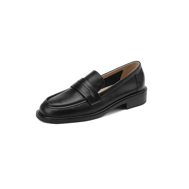 Round Toe Leather Loafers with Cushioned Support and Stacked Heel in Olive