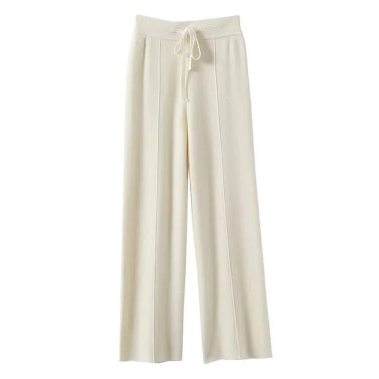 Wide-Leg Merino Wool Trousers with High-Waist Elastic Drawstring Waistband