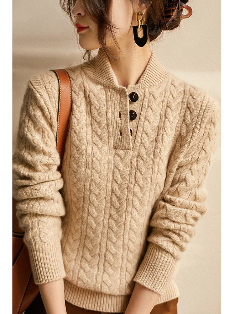 Cable-Knit Sweater with Cashmere Blend, Button-Up Stand Collar and Snug Fit
