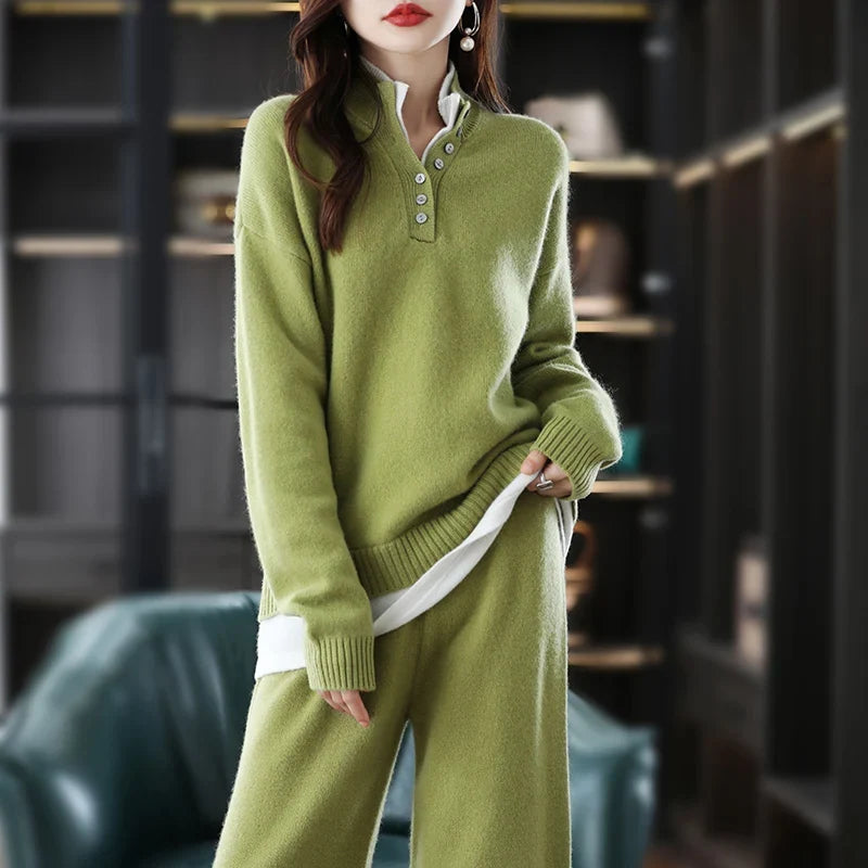 Cashmere Knit Set with Relaxed Pullover and Wide-Leg Trousers, Soft Green Two-Piece Loungewear