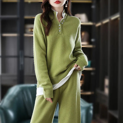 Cashmere Knit Set with Relaxed Pullover and Wide-Leg Trousers, Soft Green Two-Piece Loungewear