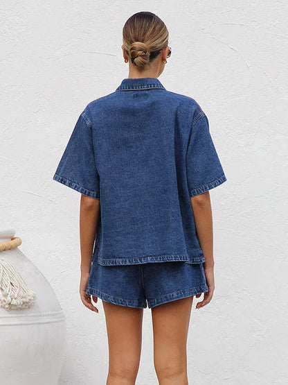 Button-Down Shirt and Drawstring Shorts 2-Piece Denim Set in Organic Cotton Blend with Elastic Waist