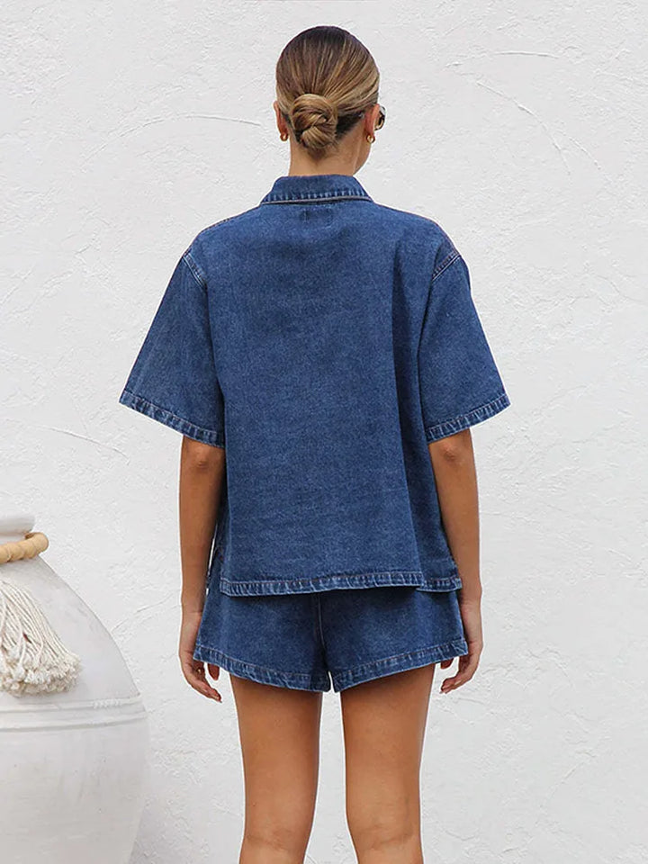 Button-Down Shirt and Drawstring Shorts 2-Piece Denim Set in Organic Cotton Blend with Elastic Waist